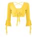 YiZYiF Women's 3/4 Tulle Flared Sleeve Lace-Up Ballroom Belly Latin Practice Dance Top Shirts Costume Yellow B