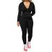 PINSV Women Two Piece Outfits Workout Sets Bodycon Tracksuit Long Sleeve Zip Up Hoodie Jacket Jogger Matching Sweat Pants Set P56 Black X-Large