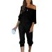 PRETTYGARDEN Women's 2 Piece Ribbed Tracksuit Outfits Off Shoulder Long Sleeve Pullover Long Pants with Pockets Black Large