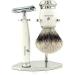 3-edge shaving set with red badger hair brush and stainless steel shaving stand from Jag Shaving