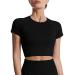 Women's Sports Fitness Basic Short Sleeve T-Shirts Compression Running Crop Tops Medium Black