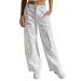 EVALESS Cargo Pants Women Casual Loose High Waisted Straight Leg Baggy Pants Trousers with Pockets 6 A White