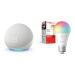 Echo Dot (5th Gen) with Clock | Glacier White with Sengled Bluetooth Color Bulb | Alexa smart home starter kit