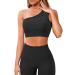 OMKAGI Workout Set for Women 2 Piece Seamless One Shoulder Sports Bra Scrunch Butt Lifting leggings Gym Outfits Medium Black