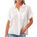 Drindf Womens Button Down Cotton Linen Shirt V Neck Roll Up Short Sleeve Loose Fit Casual Work Plain Blouse Tops White Medium