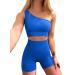 OQQ Workout Outfits for Women 2 Piece Ribbed One Shoulder High Waist Shorts With Sports Bra Exercise Set Blue Medium