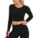 STARBILD Women Seamless Long Sleeve Yoga Crop Top Thumb Hole Compression Workout Activewear Shirts #1 Black Large
