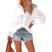 NLBZYDHFC Women's Button Down Shirt Long Puff Sleeve V Neck Striped Shirts Casual Tunic Blouse Tops Pure White X-Large