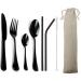 Kitchen Silverware Cutlery Set Shiny Stainless Steel 4Pcs Flatware Set for 1 Restaurant Tableware Dinnerware Black Utensil Set Steak Knife Set Spoon/Fork/Teaspoon/Straws/Brush/Bag 1 Black 4pcs/Set