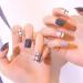 MENILITHS 24pcs Gray and White False Nail with Gray Line Acrylic Artificial Full Fake Nails Nail Art Tips with Adhesive Tab for Women and Girls