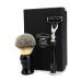 Black shaving brush with synthetic hair & triple cartridge razor with replaceable head.