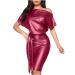 Faux Leather Dress for Women One Shoulder Party Dresses Short Sleeve Mini Dress Club Wear Evening Dresses Wine X-Large