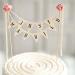 Wedding Cake Topper Vintage Rustic Just Married Wedding Cake Topper Cheese Bunting Handmade Bunting Flags with Wooden Pole Ivory (with Pink Rose) 1 Piece