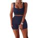 TWFRHC Women's Workout Sets Ribbed Tank 2 Piece Seamless High Waist Gym Outfit Yoga Shorts Sets 01navy Blue Large