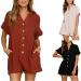 ESCBUKI Button Down Jumpsuit for Women Solid Color Knee Length Romper Dress Roll Up Short Sleeve Dressy Pantsuit Medium Red Flowy Dresses for Women