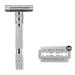 Rockwell Razors T2 safety razor with a long handle endless shaving settings 5 blades and travel bag leather pocket white / chrome white / chrome