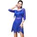 ZX Women's Fringed Ballroom Costume Lace Round Neck 1/2 Sleeve Tango Salsa Latin Dance Dress with Shorts Royal Blue Large