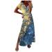 Women's Short Sleeve Loose Long Lounge Dress Floral Printed V Neck Casual Maxi Dresses with Side Split Blue Small