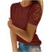 Womens Summer Casual Cold Shoulder T Shirts Elegant Lace Crochet Hollow Out Short Sleeve Tops Solid/Colorblock Loose Blouse J Medium