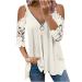 Women's Plus Size Cold Shoulder Tops Short Sleeve Floral Printed Top Blouse Sexy Zipper Deep V Neck Tunic T-Shirts 09-beige X-Large