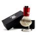 Men's badger hair shaving brush with silver tip and shiny red base and stainless steel brush stand.
