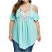 Women's Plus Size Tops Sexy Lace V Neck T-Shirt Summer Short Sleeve Asymmetric Hem Cold Shoulder Tunic Blouse Blue XX-Large