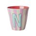 Rice melamine mug medium striped with letters model for boy blue-green tones size 9 x 9 cm (N girl)