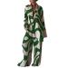 Angxiwan Two Piece Outfits for Women Casual Button Down Shirts with Wide Leg Pants Sets Loose Streetwear Beachwear Homewear Green Large