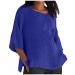 Oversized Cotton Linen Shirts for Women 2023 Summer Casual Half Sleeve Crewneck Tunic Tops Loose Comfy Side Slit Basic Blouse Dark Blue Large