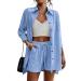 Beyove Women's Cotton Linen Set Casual Tracksuit Button Down 3/4 Sleeve Shirt Drawstring Shorts Pockets 2 Piece Lounge Set Medium Clear Blue