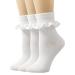 SEMOHOLLI Women Socks, Women Ankle Socks, Lovely double needle solid color Lace edge relent lady socks 3 Pairs-white-ruffle Frilly