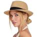 Straw Fedora Sun Hats for Women Men Summer Sun Beach Hat Packable Short Brim Roll Up Straw Panama Fedora Hat Khaki-black Medium-Large