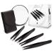 Brilliant Beauty 4-Piece Professional Tweezer Set with Case & Mirror by Precision Tweezers Kit Slant Pointed Curved & Flat Tips for Eyebrow Ingrown Hair Splinter Removal Black 1 Count