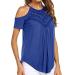 Summer Tops for Women Short Sleeve T Shirts Cold Shoulder Hollow Out Casual Solid Color Flowy Tops Tees Dark Blue X-Large