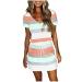 Maqroz Women's Summer Casual Striped Knee Length Dress Short Sleeve Drawstring Waist Dress Mini Beach Dresses with Pocket A06#mint Green Small