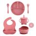 Silicone Baby Feeding Set Baby Led Weaning Supplies Set Silicone Suction Bowls Suction Plates Silicone Baby Bib for Toddlers Spoon and Fork Cup with Straw and Lids (Pink 8 Packs)