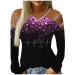 SineMine Long Sleeve Tops for Women Rhinestone Printing Blouses Loose V Neck Sparkling Off The Shoulder Cut Out T Shirts, White