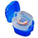 Denture Box Case, Riforla Denture Bath Box Case Dental False Teeth Storage Box with Hanging Net Container (Dark Blue)