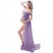 FEOYA Maxi Maternity Dress Chiffon Lace Strapless Gown Split Front for Pregnant Women Photography Full Length Purple XL