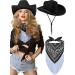 Cowboy Hat Disco Fringed Bandana Felt Cowgirl Hat with Adjustable Neck String and Ribbon Paisley Bandanas for Women Men Party Black