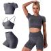 Women Seamless Yoga Outfits 2 Piece Workout Short Sleeve Crop Top with High Waisted Running Shorts Sets Activewear 3pcs-gray Large