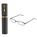 Cold toy feather hinges reading glasses women men metal narrow small mini light reading aid visual aid clear work glasses strength with case (black 2.50)