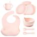 KOKSI Baby Feeding Set Silicone Weaning Supplies with Suction Plate & Bowl Bib Spoon & Fork Cup Tableware for Babies Kids Toddlers Microwave & Dishwasher Safe (Light Pink Rabbit Plate)