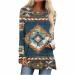 Womens Boho Mexican T-Shirts Western Aztec Bohemian Tunic Tops Casual Long Sleeve Round Neck Tee Shirt Blouses Blue-1 Large