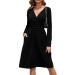 OUGES Women's Spring Casual Midi Dress Long Sleeve V-Neck Floral Ladies Wrap Dress with Pockets M Black