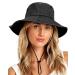 Wide Brim Bucket Sun Hat Packable Cotton Washed UPF 50 Beach Hat for Women Men with Strings Cowboy Outdoor Safari Boonie Cap Black One Size