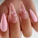 24PCS Flower Press on Nails Medium Almond Glossy Fake Nails Pink Flower False Nails Stick on Nails with Glue Spring Nail Decoration with Flowers Design Fake Artificial Nails for Women Manicure