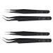 KVSERT 4X Nail Art Rhinestones Eyelashes Extension Straight & Curved Tweezers Tool Set-Black