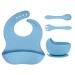 Vicloon Silicone Baby Feeding Set 4 Pcs Baby Weaning Set Suction Plate Bowl Bib Spoon and Fork BPA Free Silicone Feeding Set Toddlers and Kids Bowl Set Gift for Kids (Blue) Sucker Bowl - Blue