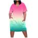 Iuhan Women's Casual Midi Dresses Gradient Western Style Loose Sundress Short Sleeve Crewneck Summer Oversized Shirt Dress 2# Pink Summer Dresses for Women 2023 XX-Large